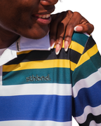 Male wearing a stripe polo shirt