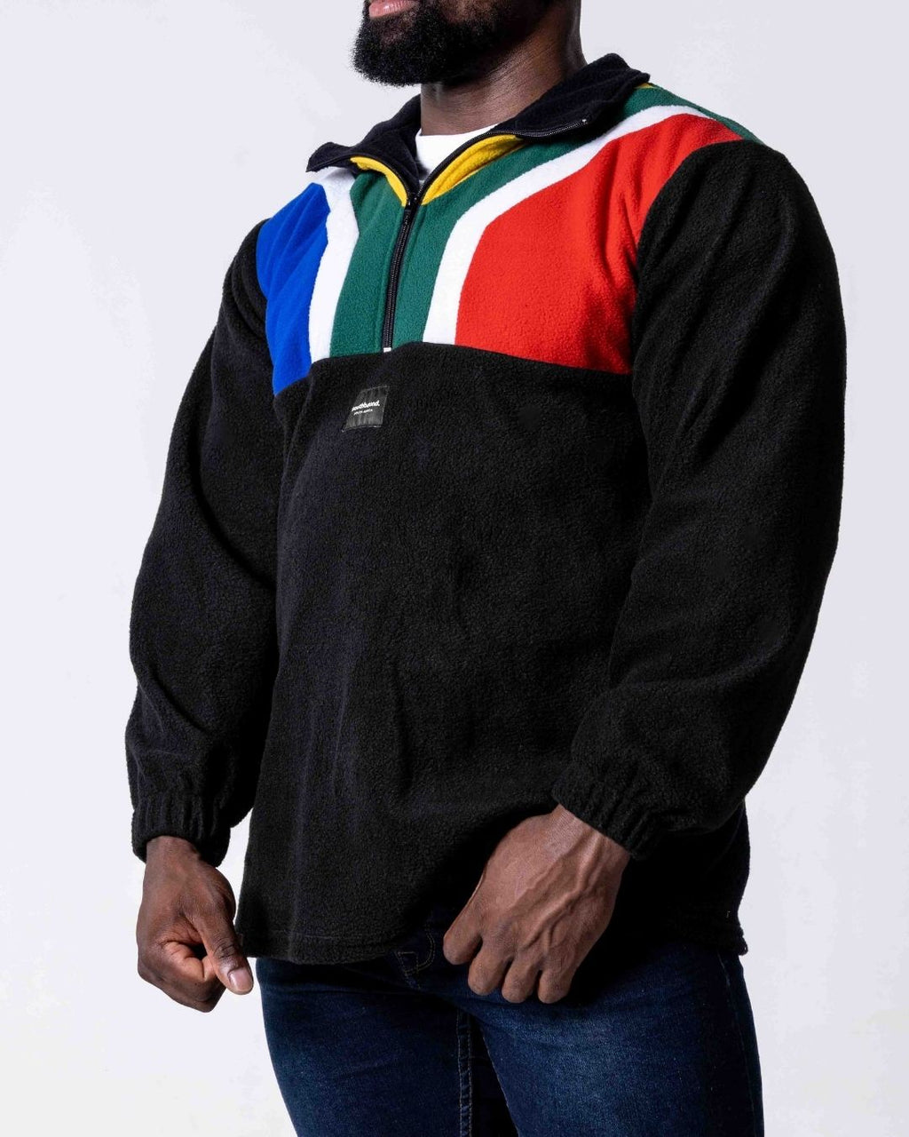 Man wearing a Polar fleece SA flag Jersey close up 