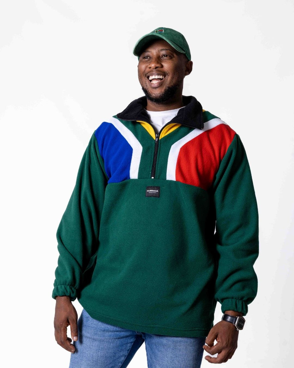 Man wearing a Polar fleece SA flag Jersey in colour green