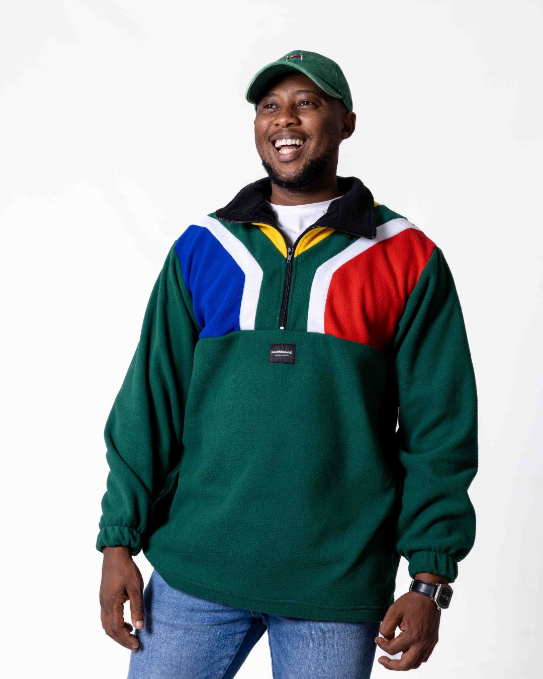 Male wearing the green Polar fleece SA flag Jersey