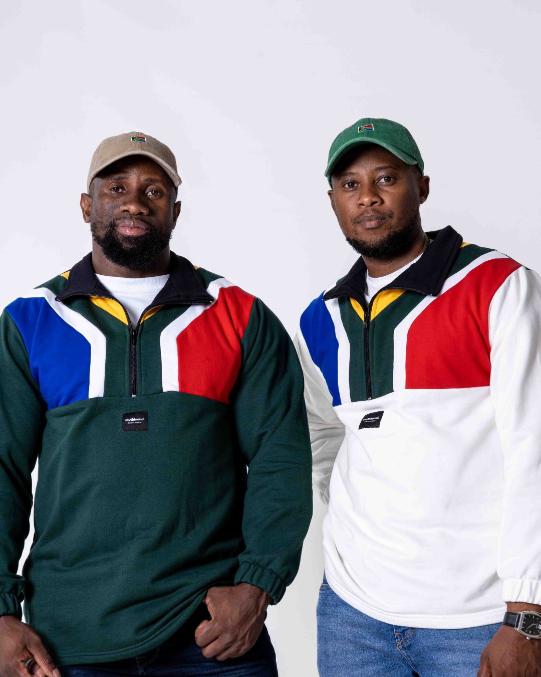 Two males wearing the Premium cotton SA flag Jerseys