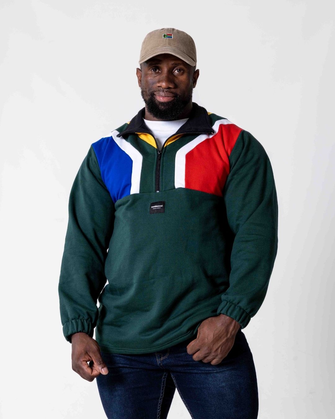 Man wearing a premium cotton SA flag jersey incolour green