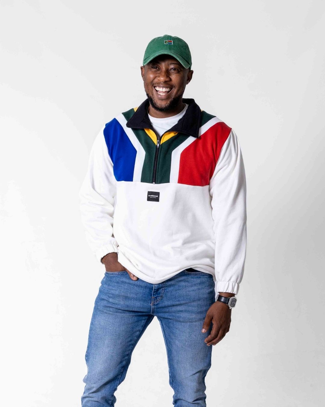 Man wearing a premium cotton SA flag jersey in a cream colour
