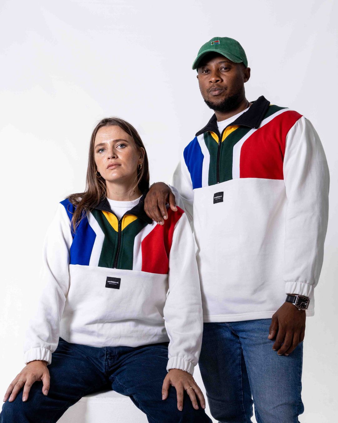 Male and female wearing the Premium cotton SA flag Jerseys