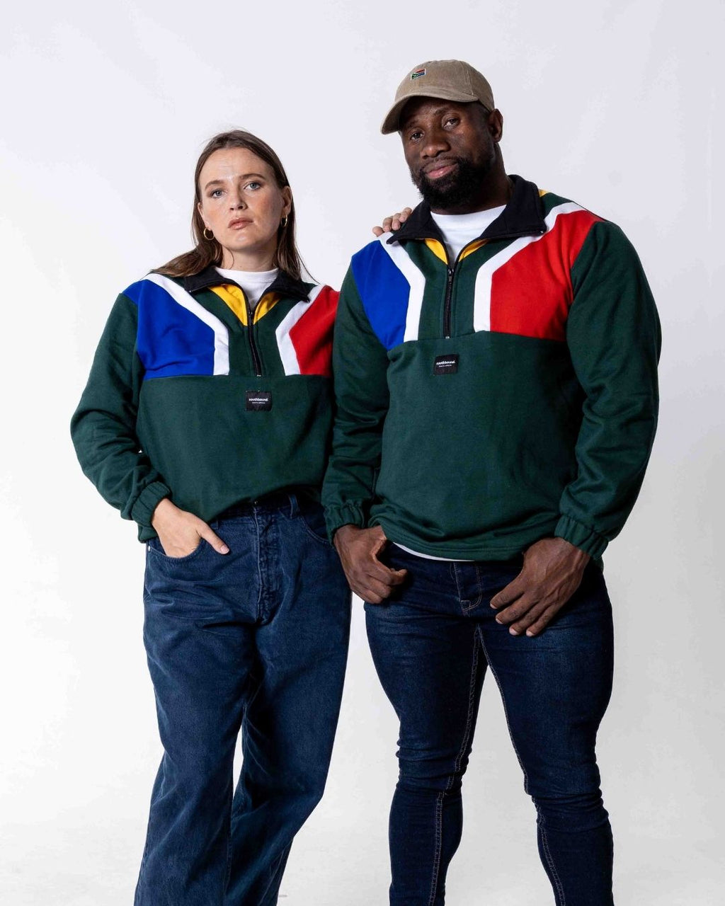 Male and female wearing a premium cotton SA flag jersey in the colour green