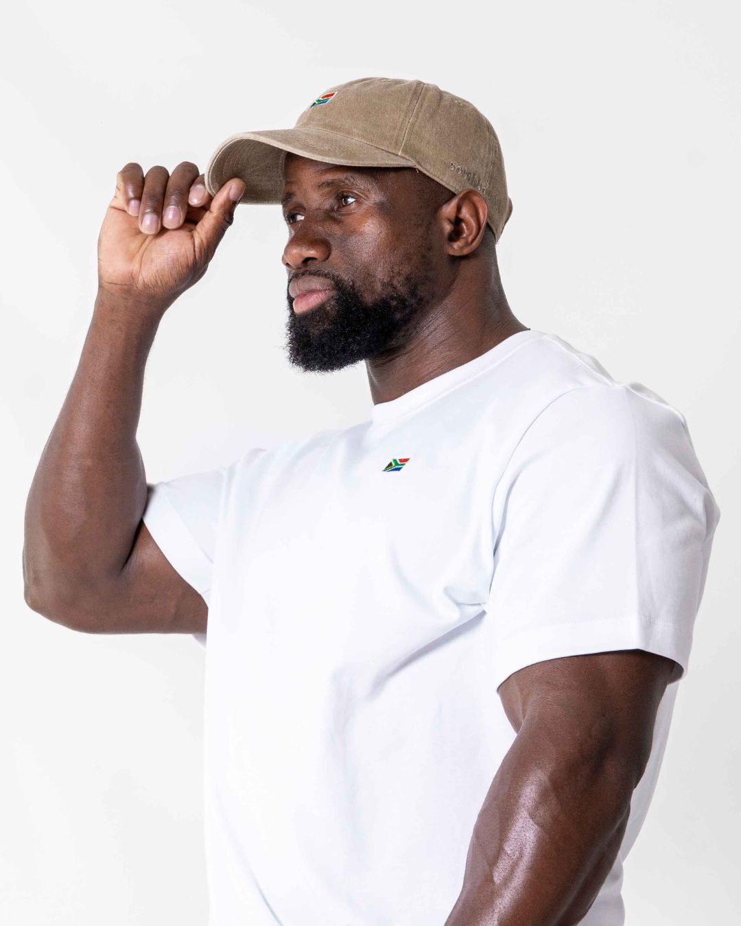 Beige SA flag cap - side view 