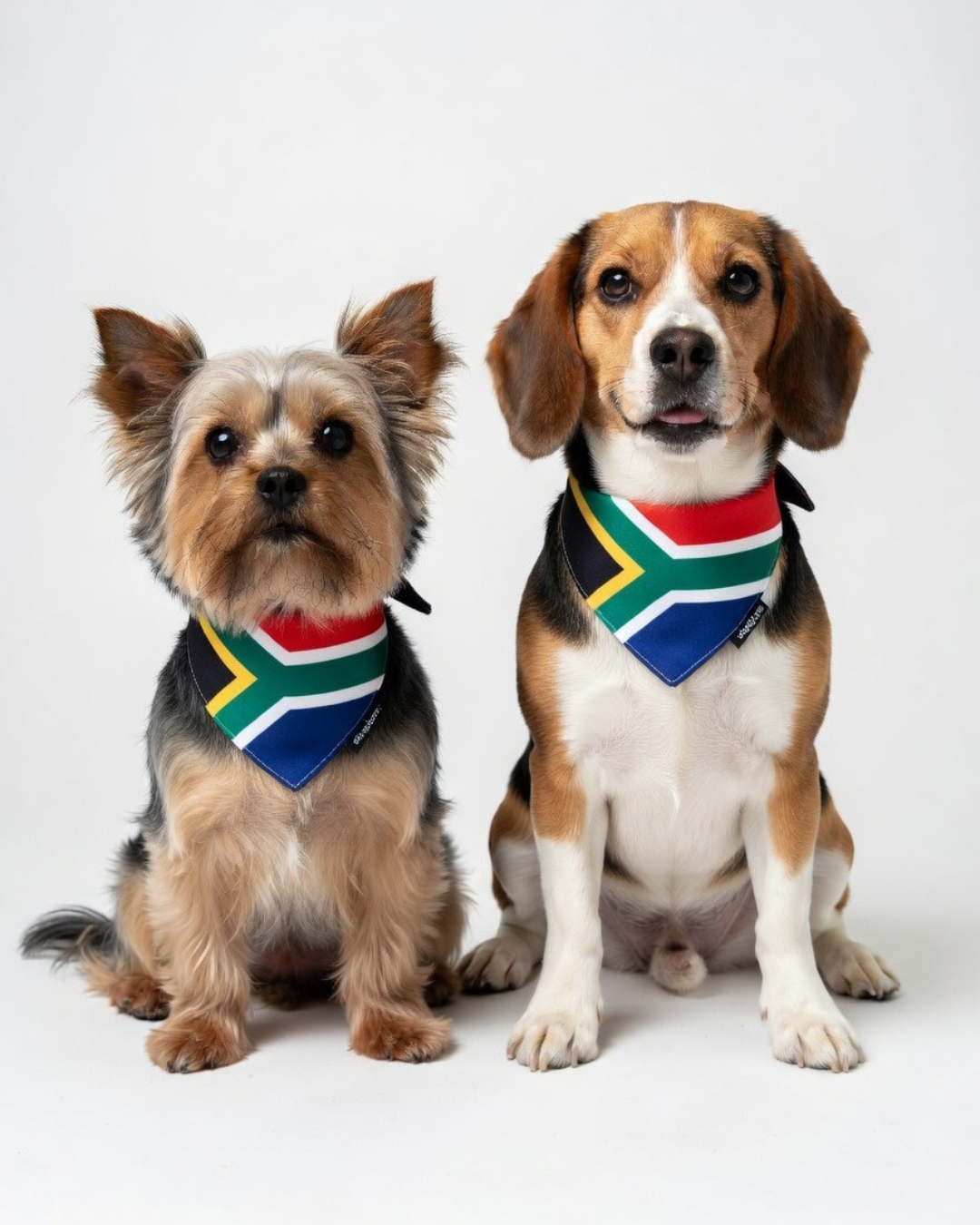 Two small dogs wearing a SA flag dog bandana in front of a white backdrop 