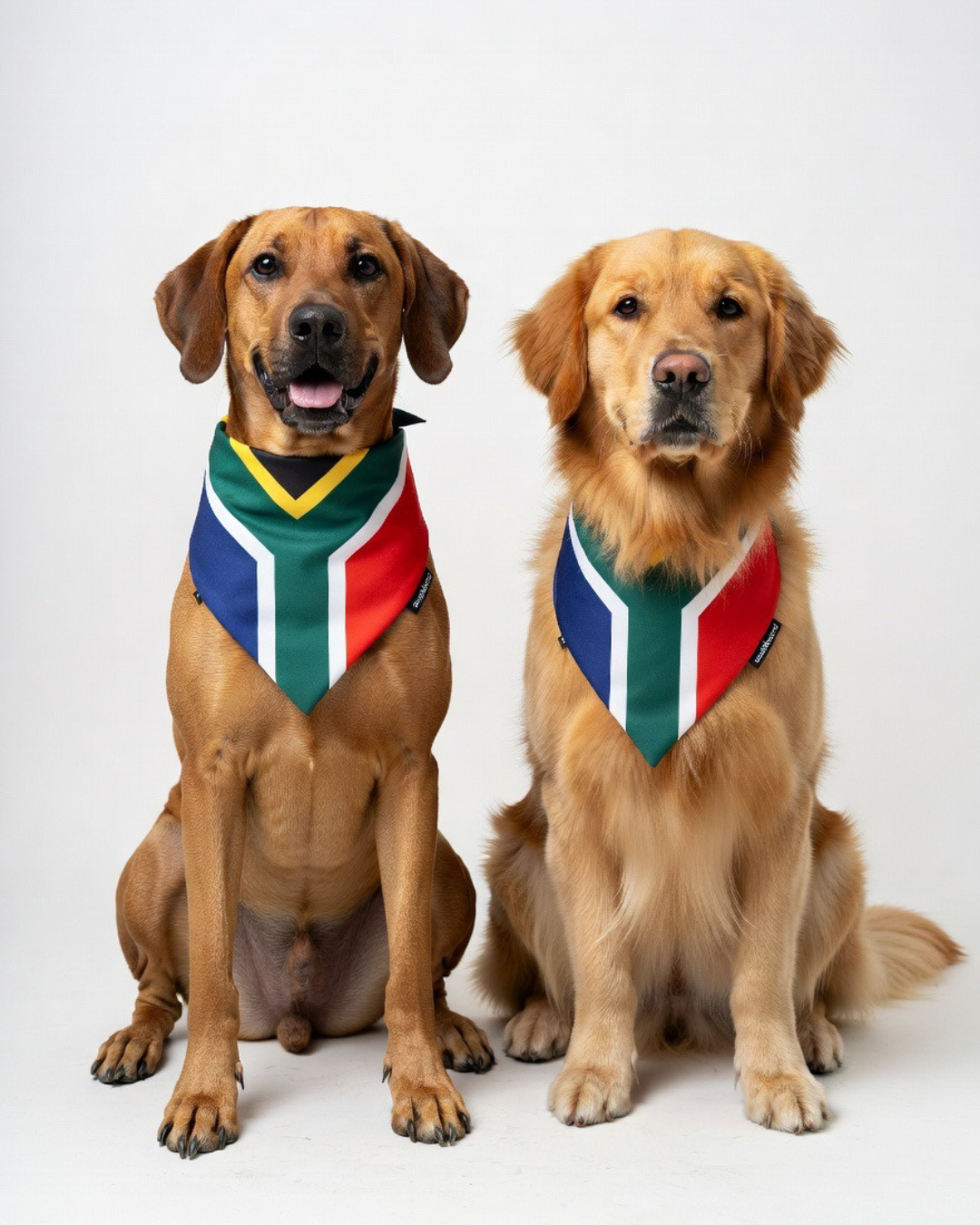 Two dogs wearing  SA flag dog bandanas bandanas in front of a white background