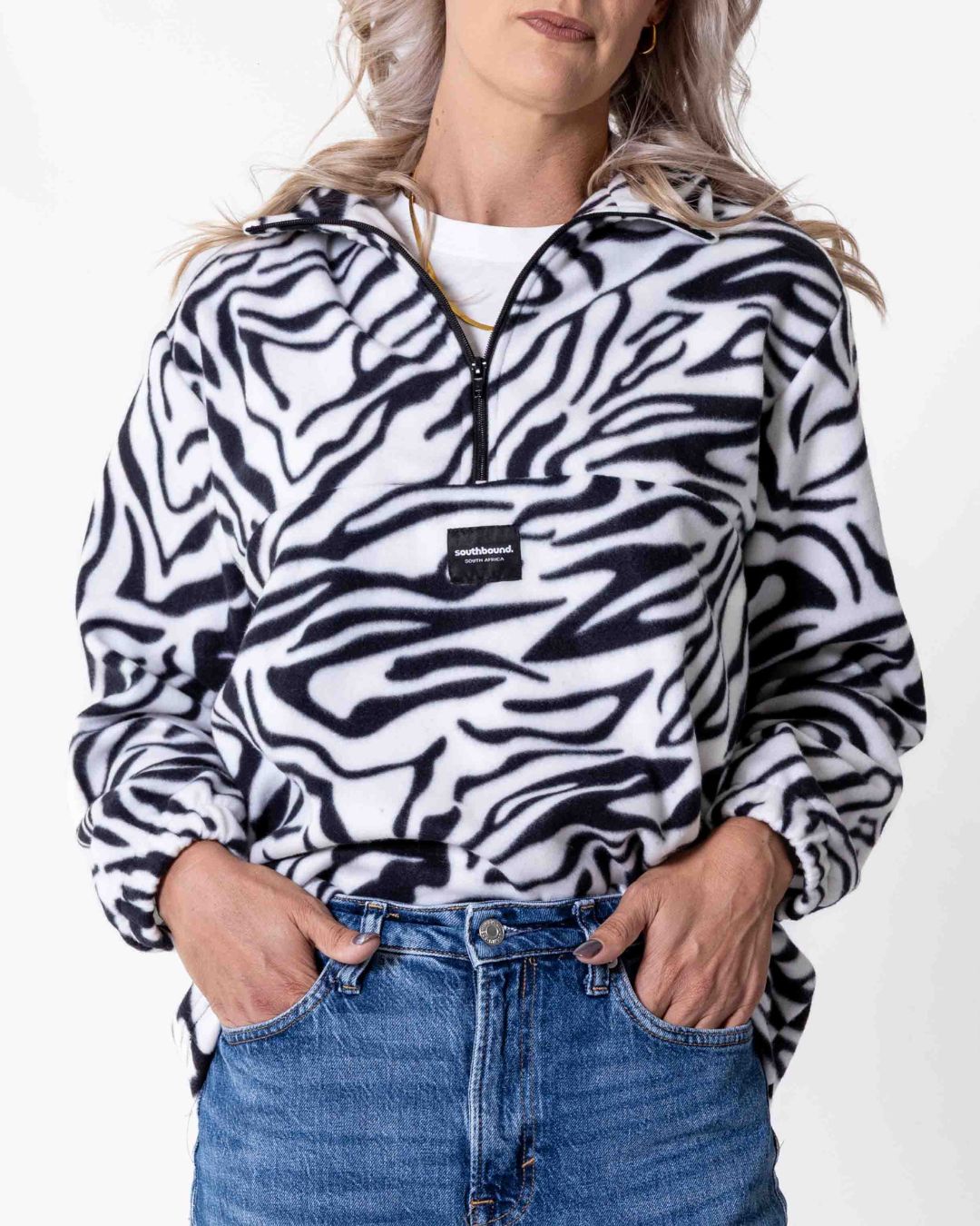 Female wearing the Safari animal print Jersey in zebra print