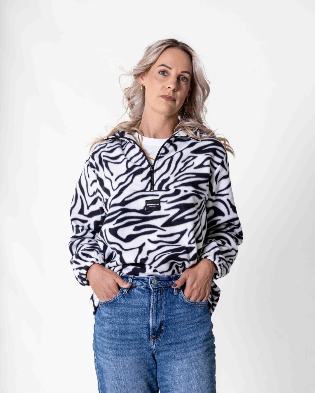 Female wearing the Safari animal print Jersey in zebra print