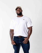 Male wearing a white cotton Oversized SA T- Shirt